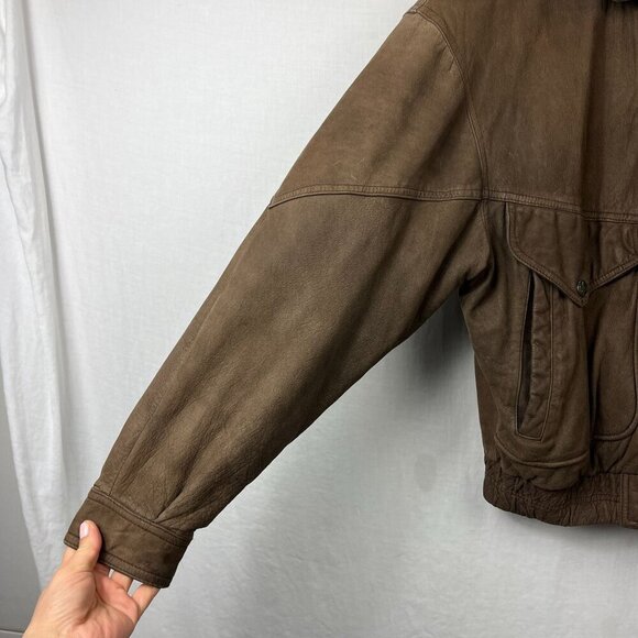 Vintage 90s Leather Bomber Jacket Men L Oversize Aviator Distressed Slouch Baggy - Picture 4 of 16